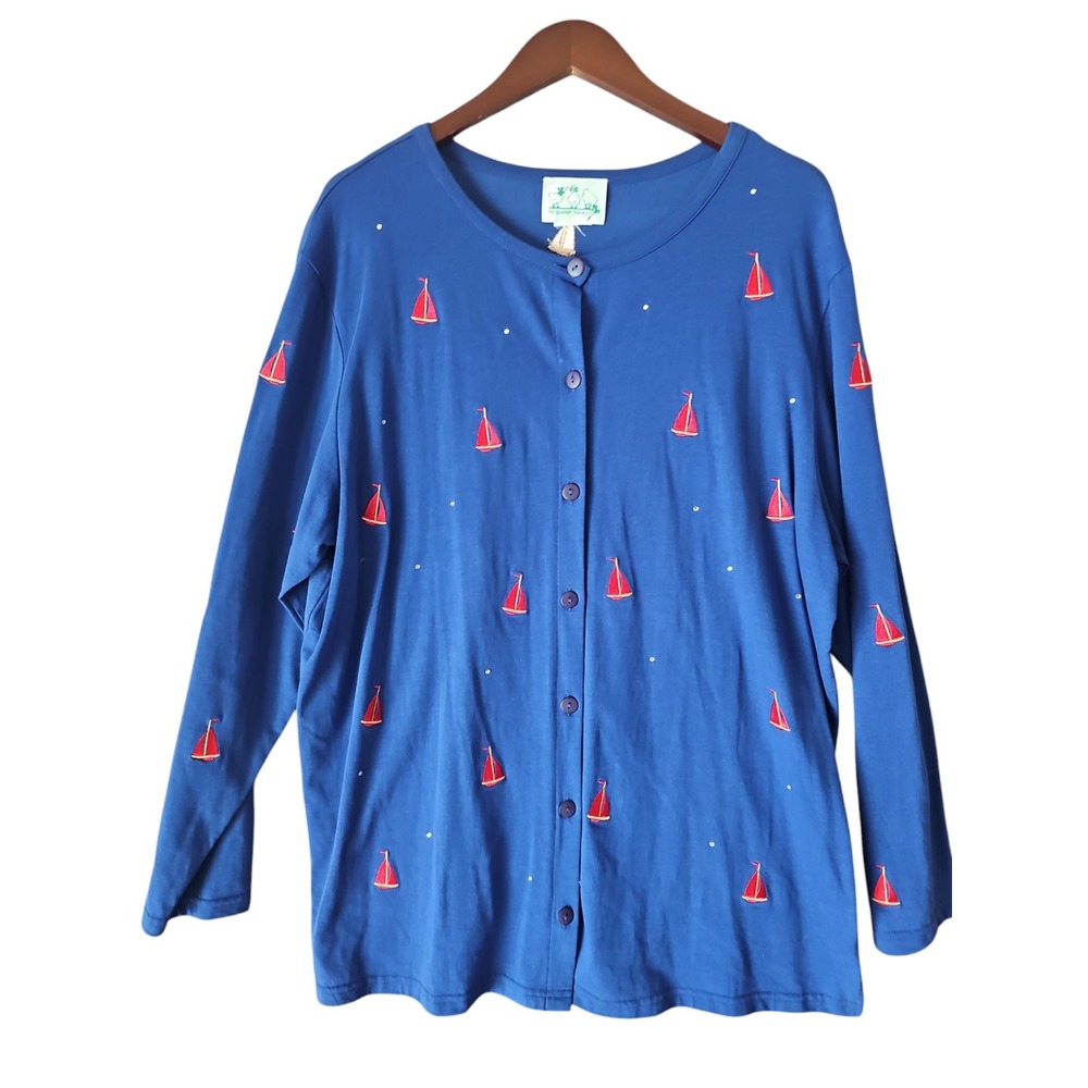 QUACKER FACTORY Long Sleeve Blue w/ Red‎ Boats Nautical Cardigan Sweater 1X